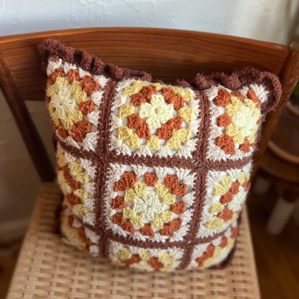 Vintage Crochet Pillow Handmade Granny Square + Chenille 70s Boho Throw Pillow